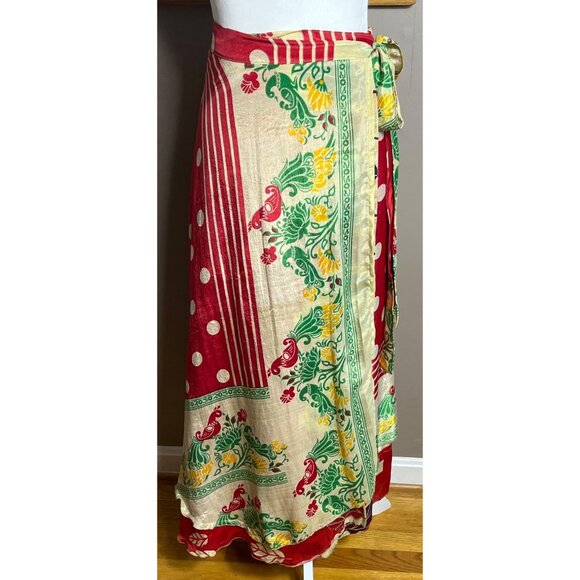 Wrap Sari Skirt Red Maxi Reversible Layers Chiffon Satin Boho Gypsy Womens 1 Sz - Picture 4 of 8